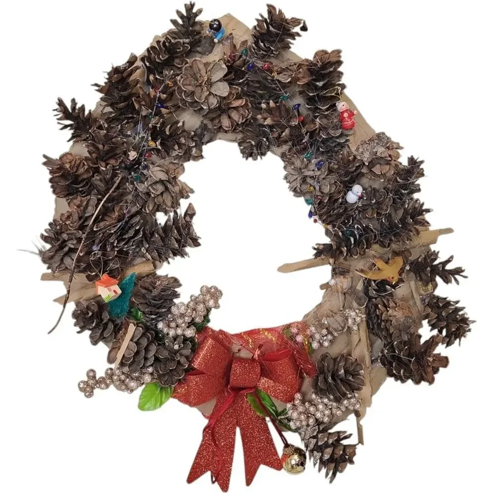 Christmas Xmas Acorn Pincorn Red Glitter Bow Gold Bell Wreath